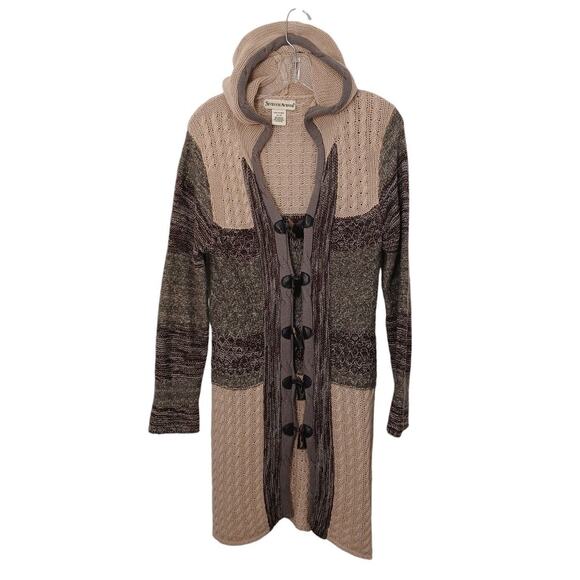 Y2K Long Cardigan Hoodie Sz M Cableknit Toggle Buttons Boho Acadamia Patchwork - Picture 1 of 13